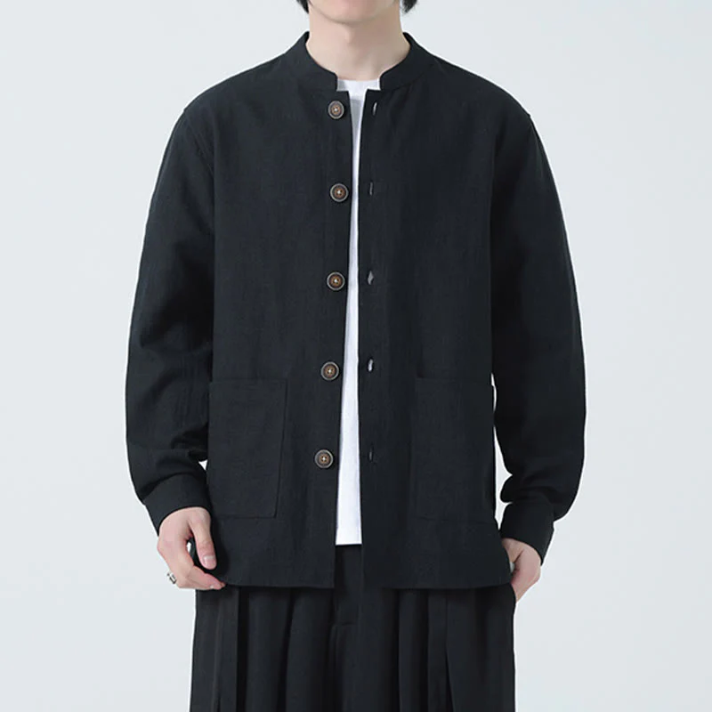 Buddha Stones Men's Button Ramie Linen Cotton Fleece Lined Jacket Shirt With Pockets