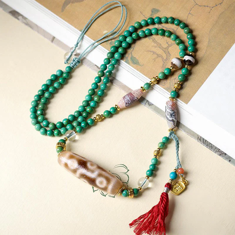 Buddha Stones Tibet Dzi Bead Turquoise Bead Chain Protection Necklace Pendant