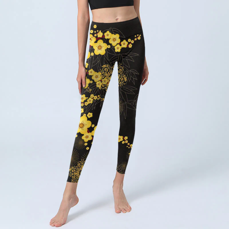 Buddha Stones Yellow Cherry Blossoms Bamboo Leaves Firework Pattern Print Gym Leggings Women's Yoga Pants