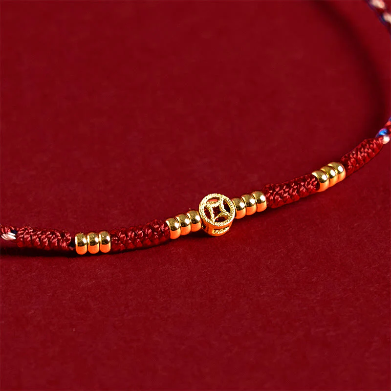 Buddha Stones Handmade Braided Red String Copper Coins Luck Bracelet