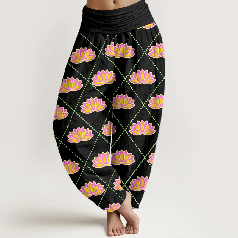 Buddha Stones Casual Vibrant Lotus Flower Pattern Women's Elastic Waist Harem Pants