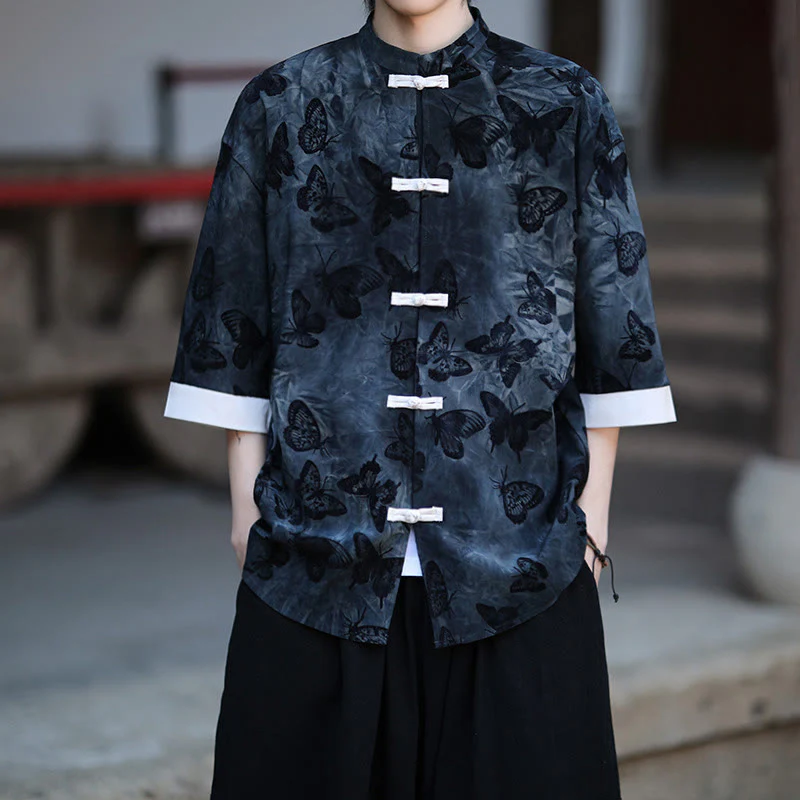 Buddha Stones Jacquard Butterfly Pattern White Frog-Button Design Stand Collar Men's Three Quarter Sleeve Cotton Shirt Cardigan