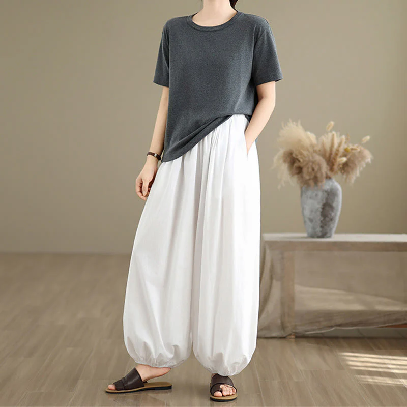 Buddha Stones Commute Summer Plain Women's Cotton Bloomers Pants With Pockets