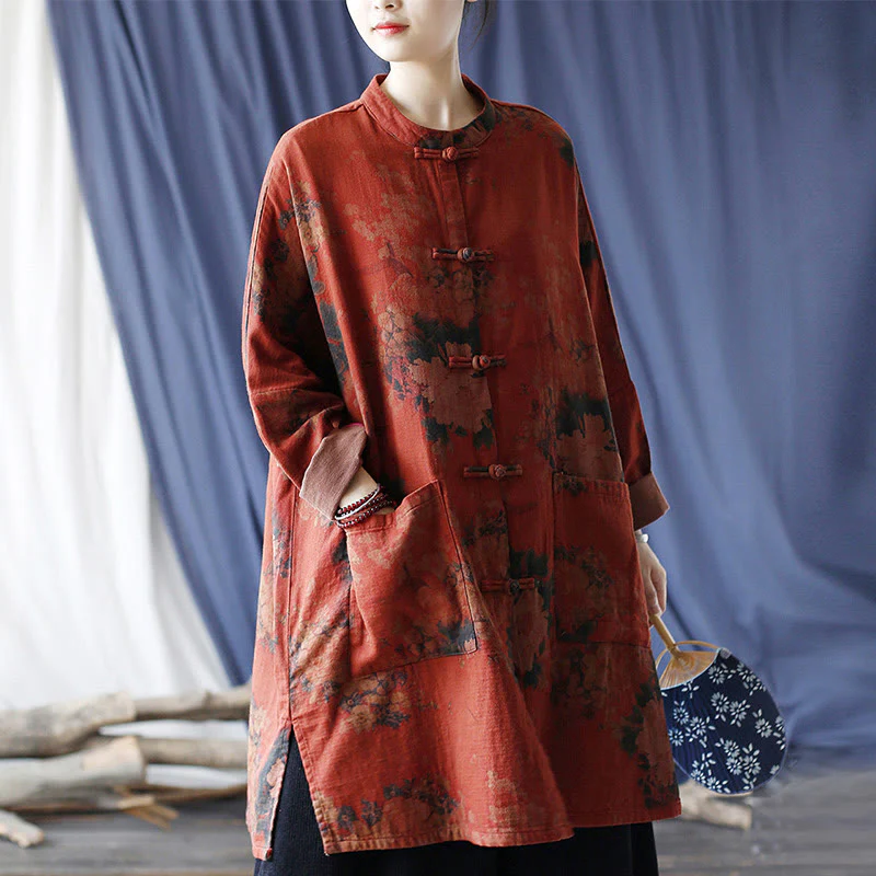 Buddha Stones Orange Peony Flower Cotton Linen Frog-Button Open Front Jacket With Pockets