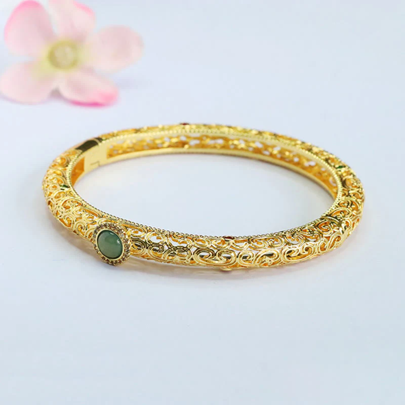Buddha Stones Cloud Pattern Jade Copper Luck Bracelet Bangle 2.36 IN (60 MM)