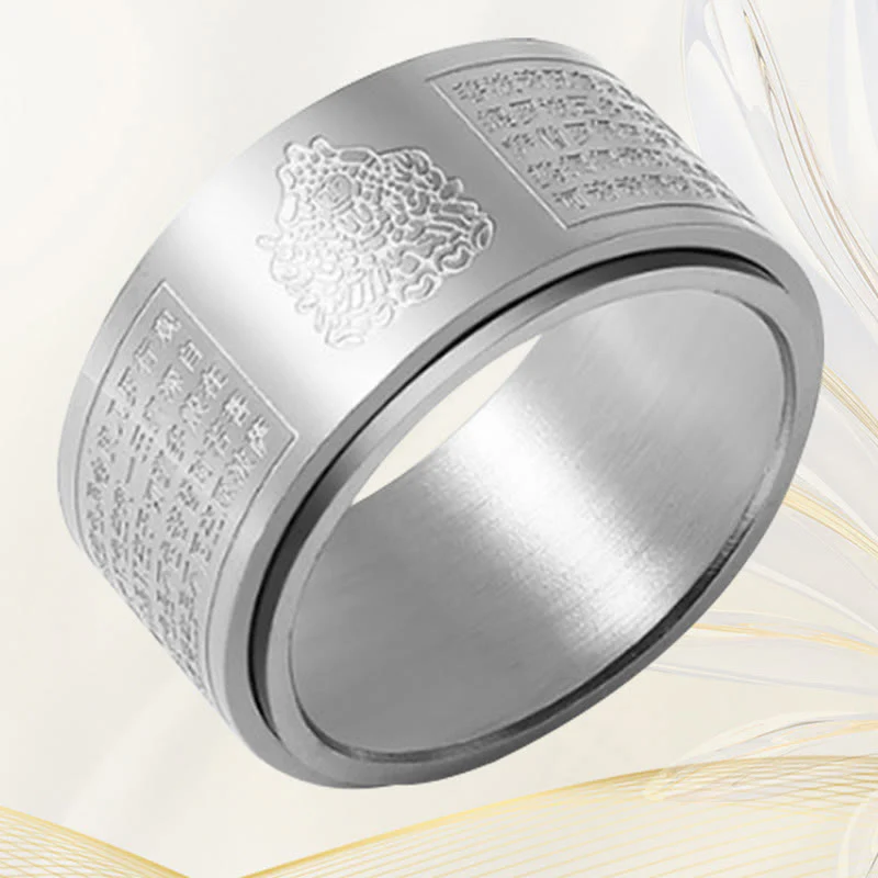 Buddha Stones Chinese Zodiac Natal Buddha Heart Sutra Carved Titanium Steel Calm Rotatable Ring