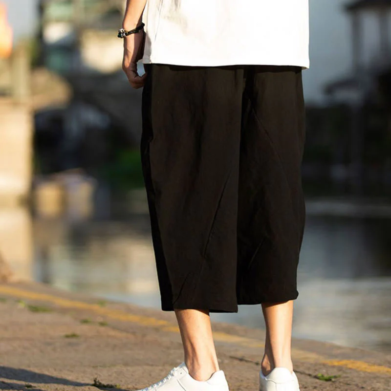 Buddha Stones Summer Plain Pleat Design Drawstring Men's 7-8 Length Cotton Linen Pants With Pockets