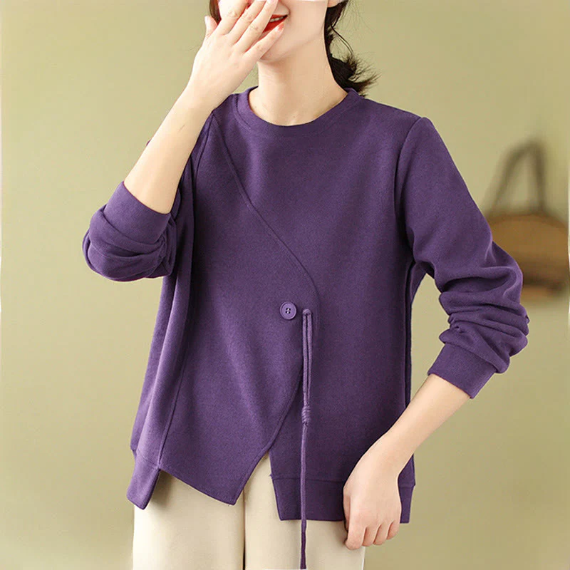 Buddha Stones Fall Plain Button Crew Neck Cotton Pullover Women's Sweatshirt