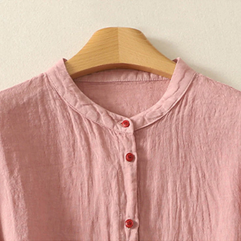 Buddha Stones Summer Plain Red Buttons Short Sleeve Women's Cotton Linen Shirt