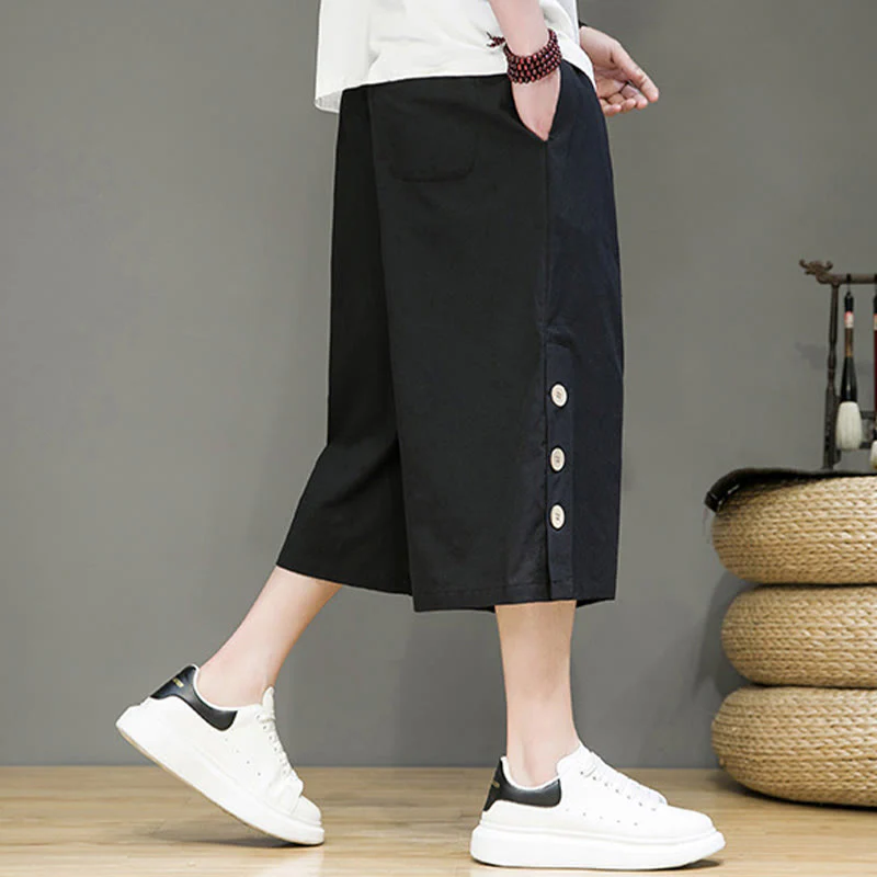 Buddha Stones Casual Plain Side Button Design Drawstring Men's Cotton Cropped Pants With Pockets