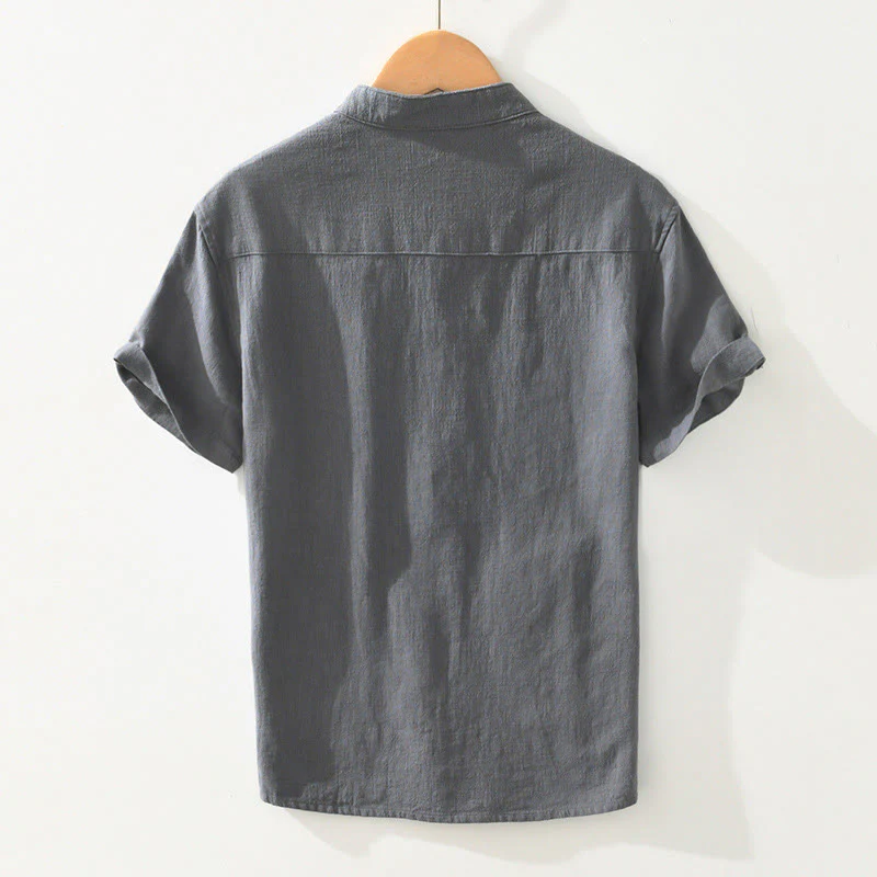 Buddha Stones Casual Buttons Design Stand Collar Men's Short Sleeve Cotton Linen Shirt With Pockets