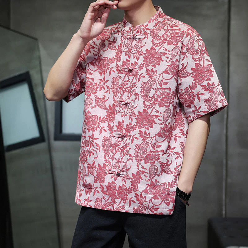 Buddha Stones Casual Jacquard Paisley Flower Plant Pattern Frog-Button Design Men's Cotton Shirt Cardigan With Pockets