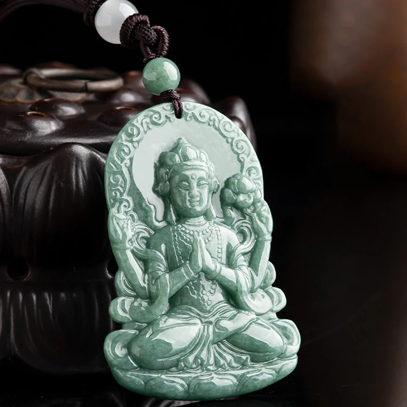 Buddha Stones Four-armed Avalokitesvara Natural Jade Amulet Blessing String Necklace