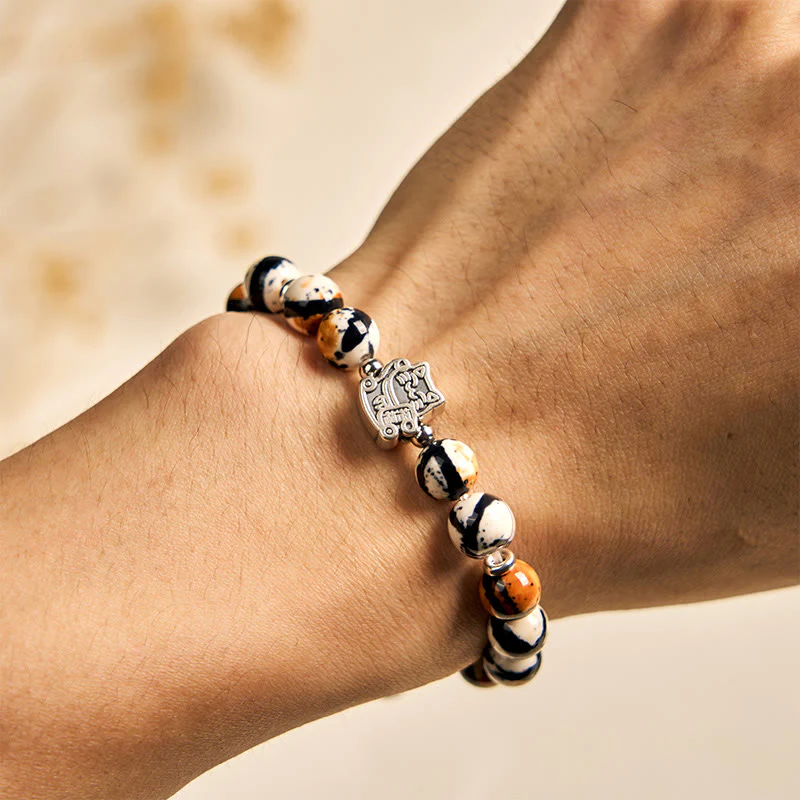 Buddha Stones 925 Sterling Silver Calico Cat Stone Bead Bracelet