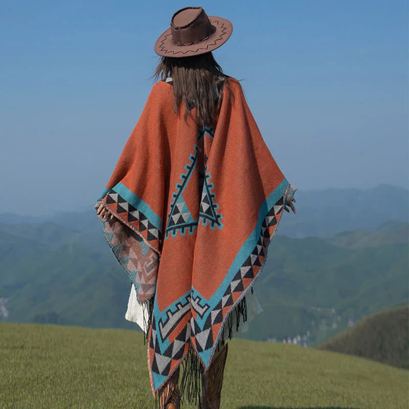 Buddha Stones Tibetan Orange Geometric Rhombus Pattern Tassels Shawl Fall Winter Warm Scarf Wrap