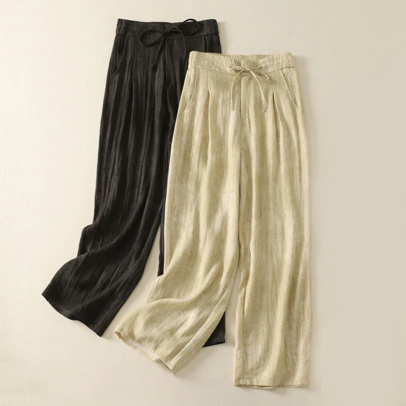 Buddha Stones Summer Plain Drawstring Zipper Design Women's Wide Leg Cotton Pants With Pockets