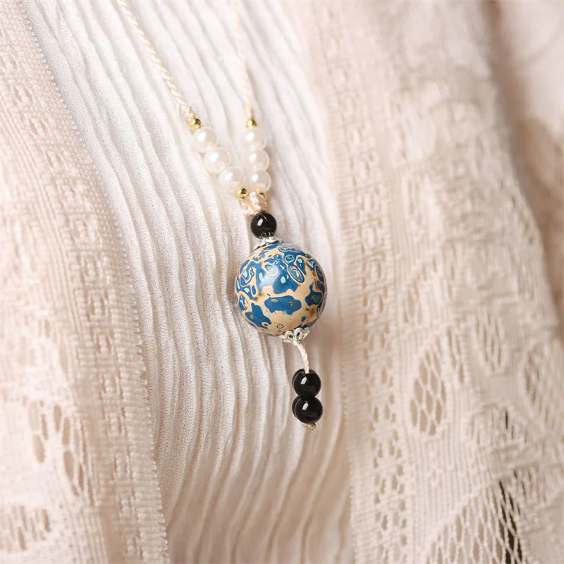 Buddha Stones Ebony Wood Aurora Lacquer Craft Bead Pearl Balance Necklace Pendant