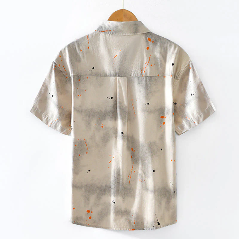Buddha Stones Summer Ink Splashing Color Men's Button Short Sleeve Cotton Shirt