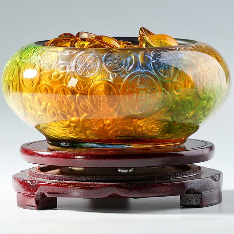 Buddha Stones Handmade Liuli Crystal Treasure Bowl Ingots Art Piece Home Decoration