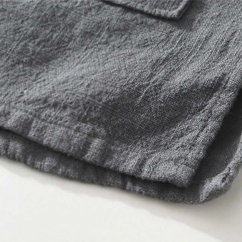 Buddha Stones Casual Buttons Design Stand Collar Men's Short Sleeve Cotton Linen Shirt With Pockets