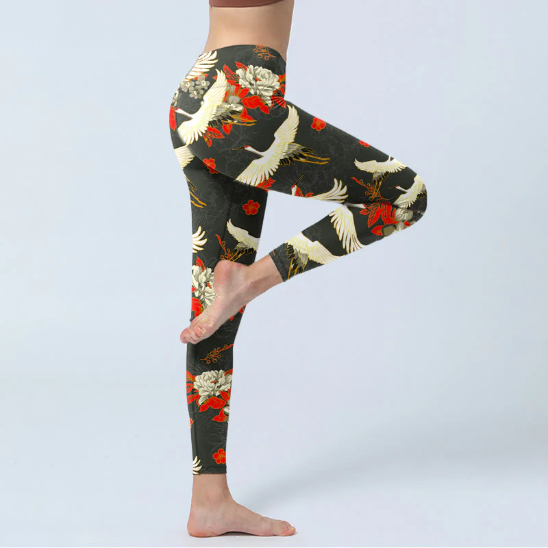 Buddha Stones Red-crowned Cranes Peony Flowers Pattern Print Gym Leggings Women's Yoga Pants