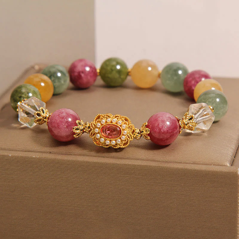 Buddha Stones Tourmaline Pearl Pink Crystal White Crystal Wisdom Bracelet