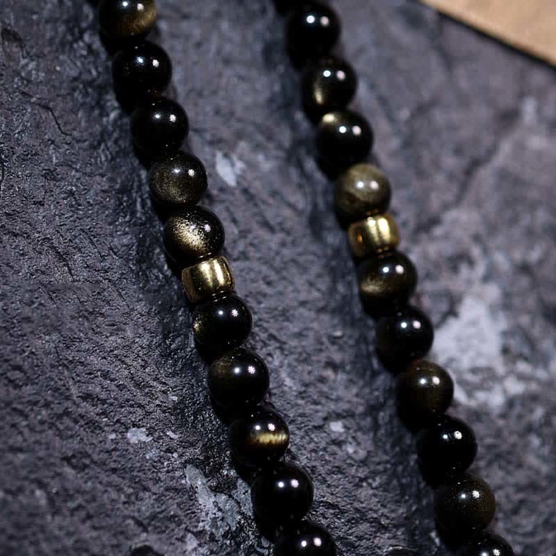 Buddha Stones 108 Mala Beads Gold Sheen Obsidian Tiger Eye Eagle's Eye Stone Wealth Bracelet
