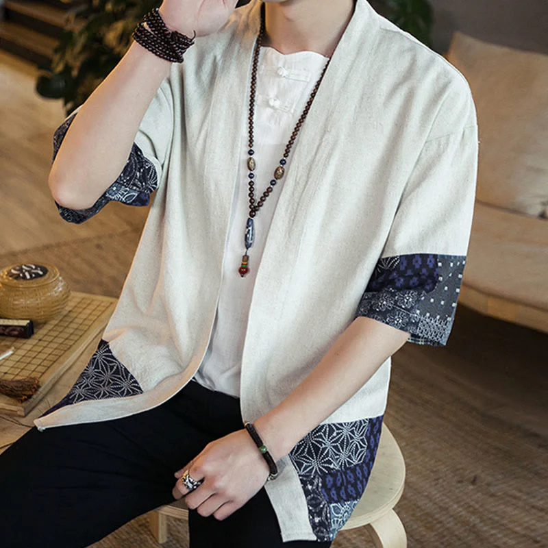 Buddha Stones Ethnic Printing Patchwork Design Open Front Jacket Cotton Linen Men's Kimono