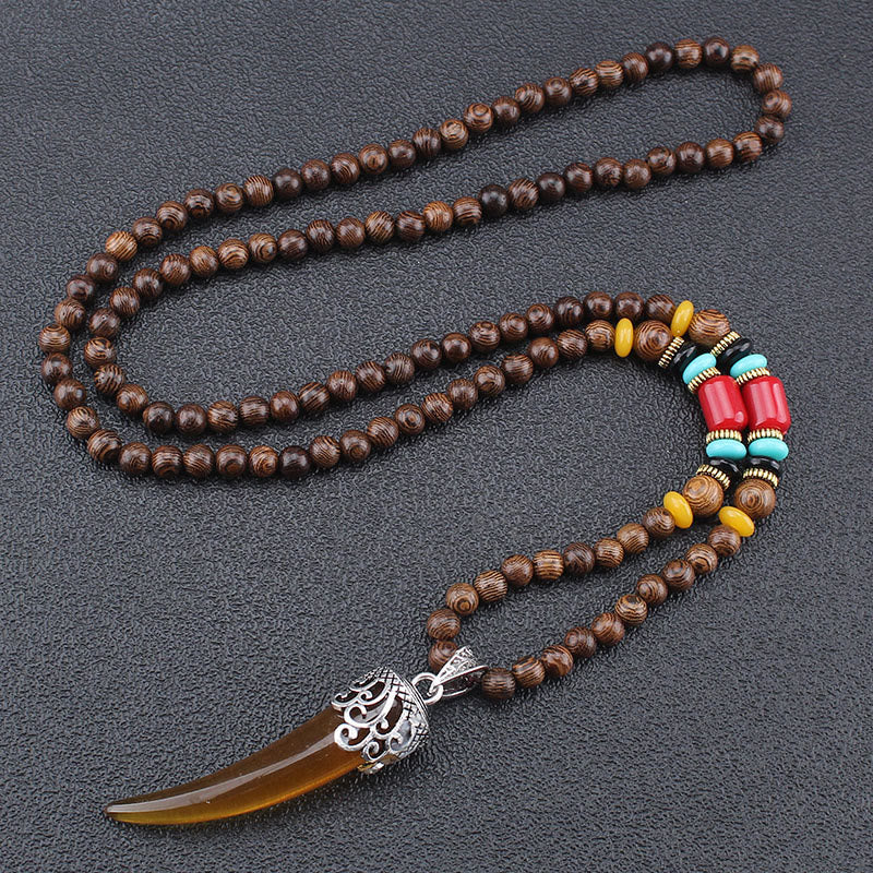 Buddha Stones Wenge Wood Turquoise Stone Horn Style Protection Meditation Necklace Pendant