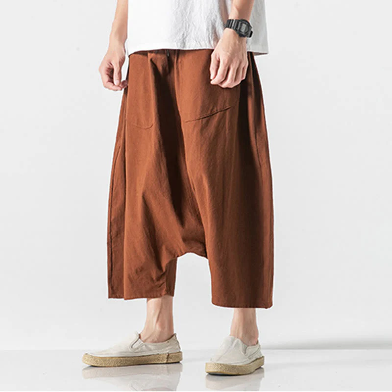 Buddha Stones Casual Low Crotch Design Drawstring Men's 7-8 Length Cotton Linen Wide Leg Pants With Pockets