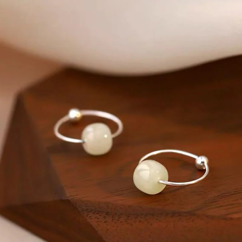 Buddha Stones 925 Sterling Silver Hetian Jade Bead Luck Earrings