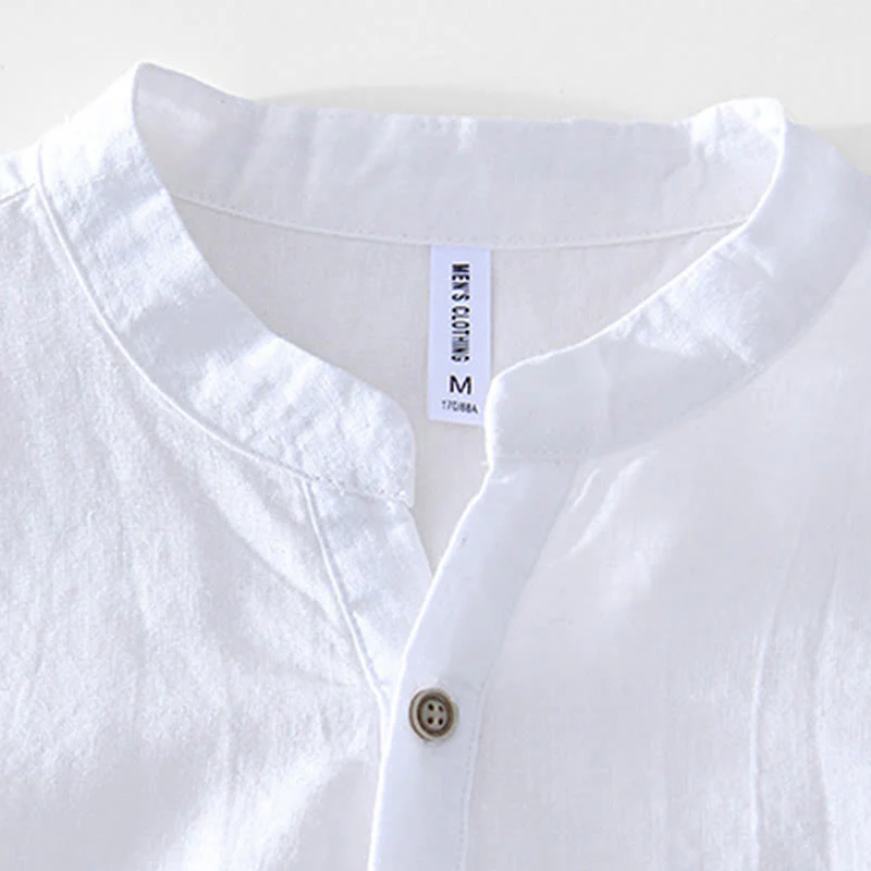 Buddha Stones Half Button Short Sleeve V-neck Ramie Cotton Men's Shirt