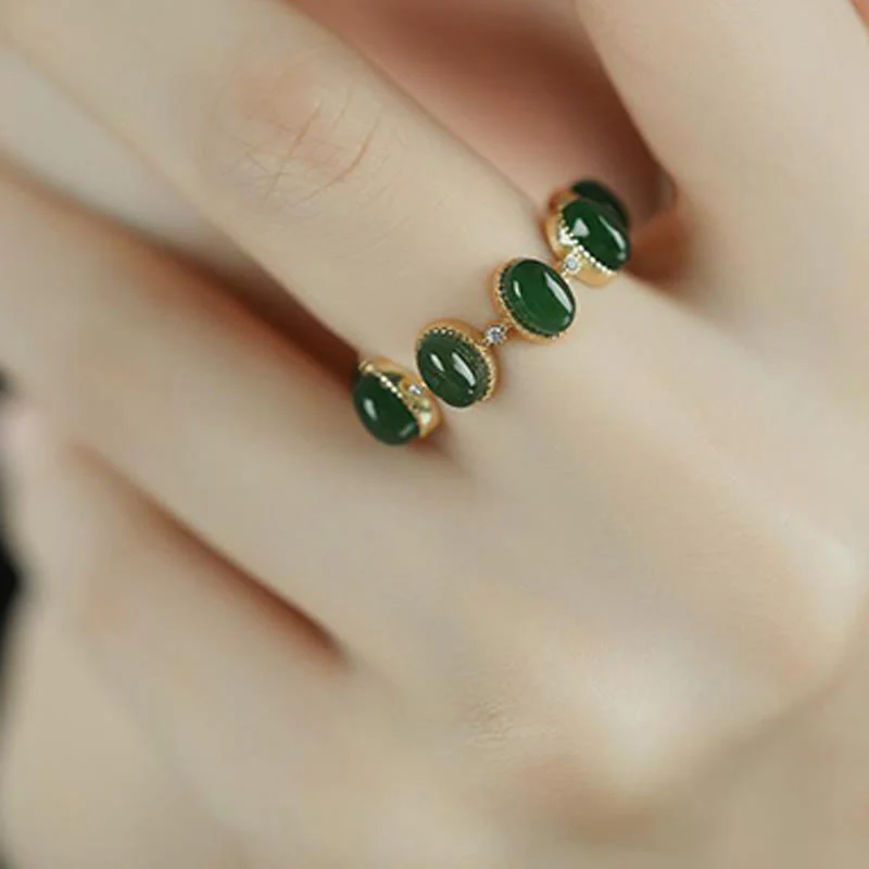Buddha Stones 925 Sterling Silver Hetian Cyan Jade Beads Healing Adjustable Ring