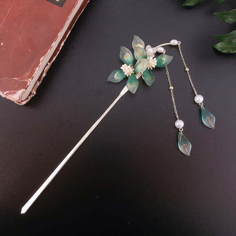 Buddha Stones Flower Leaf Pearl Peace Tassel Hairpin