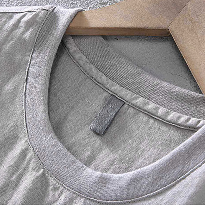 Buddha Stones Casual Simple Design Crew Neck Men's Short Sleeve Linen Shirt With Pocket