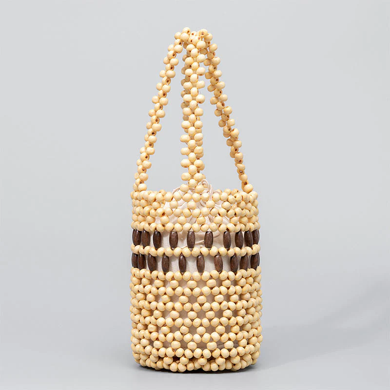 Buddha Stones Hand-woven Bucket Portable Wooden Beads Handbag