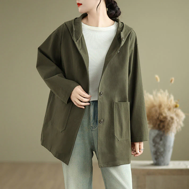 Buddha Stones Fall Vintage Hoodie Women's Cotton Linen Jacket With Front Pockets