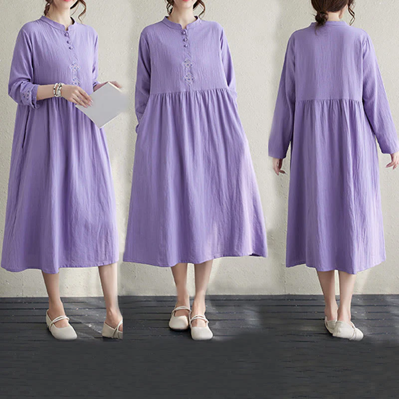 Buddha Stones Fall Ethnic Embroidery Cotton Linen Midi Dress With Pockets