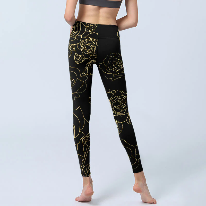 Buddha Stones Rose Flower Leaves Golden Line Pattern Print Gym Leggings Women's Yoga Pants