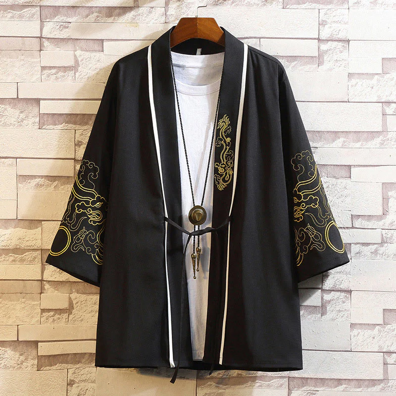 Buddha Stones Embroidery Dragon Phoenix Auspicious Cloud Waves Leaves Cranes Open Front Jacket Men's Kimono