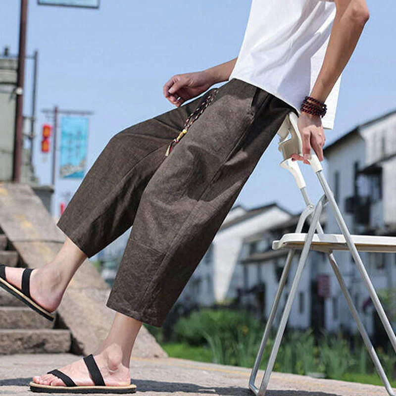 Buddha Stones Casual Woven Bead Waist Rope Men's 7-8 Length Spandex Pants With Pockets