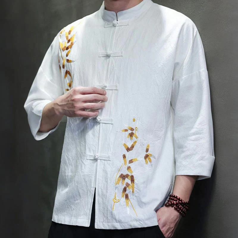 Buddha Stones Embroidery Men's  Chinese Frog-Button Three Quarter Sleeve Shirt Clothing