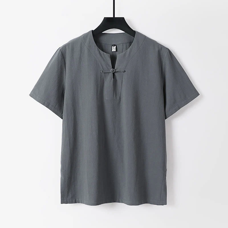 Buddha Stones Solid Color Short Sleeve One Frog Button Cotton Linen Men's Shirt