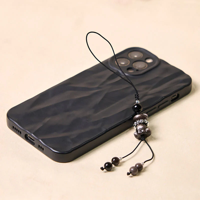 Buddha Stone Natural Silver Sheen Obsidian Noble Kitten Cat Soothing Phone Hanging Decoration