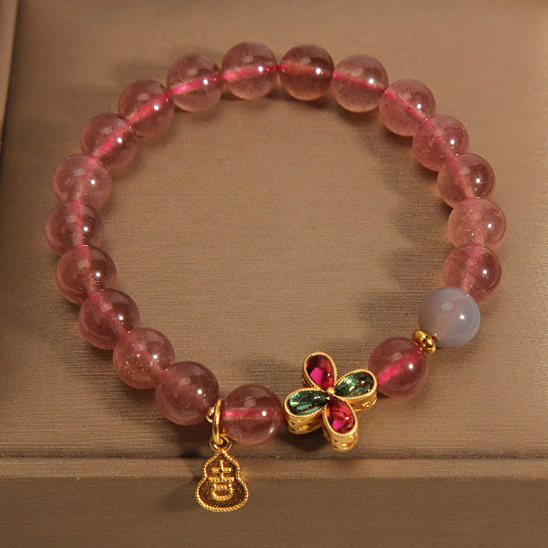 Buddha Stones Strawberry Quartz Four-leaf Clover Lucky Gourd Healing Bracelet