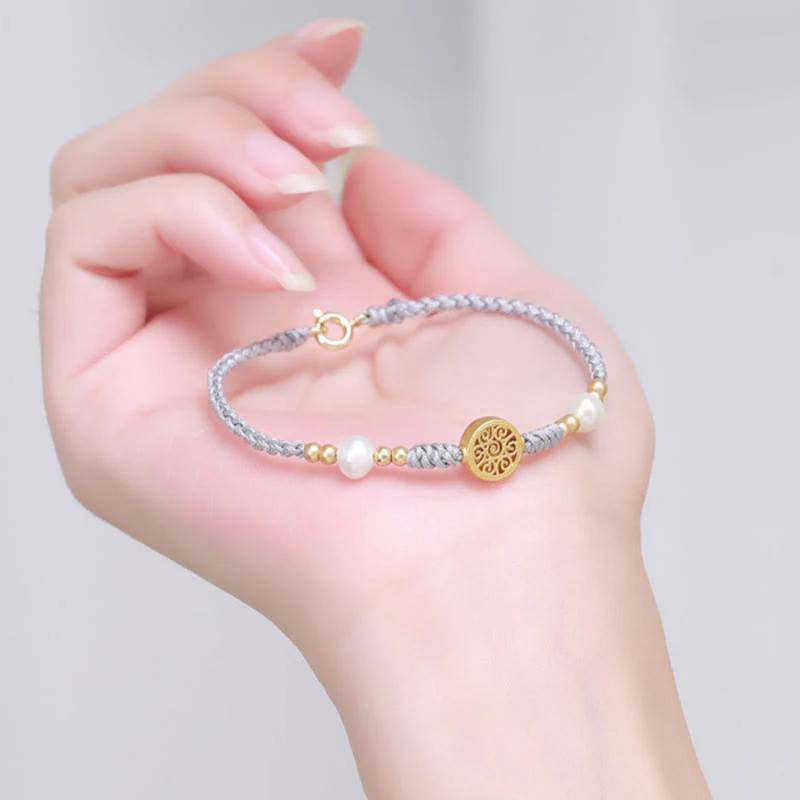 Buddha Stones Copper Coin Fortune Tree Pearl Luck Blue Rope Braided Bracelet