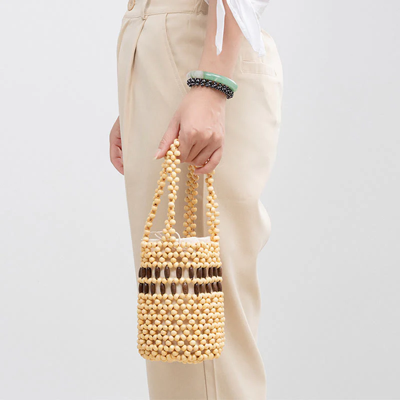 Buddha Stones Hand-woven Bucket Portable Wooden Beads Handbag