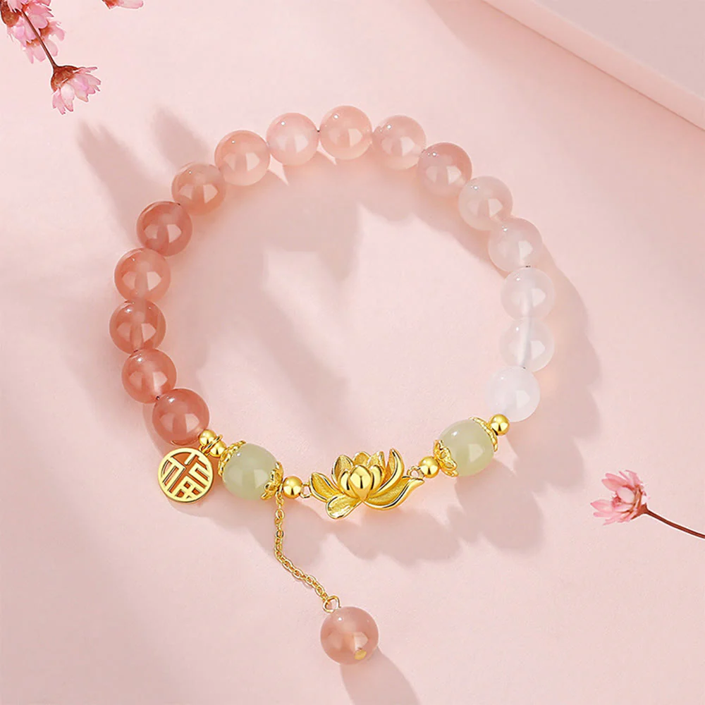 Buddha Stones 925 Sterling Silver Natural Gradient Agate Hetian Jade Lotus Fu Character Enlightenment Bracelet