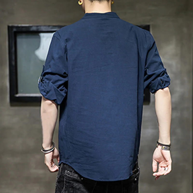 Buddha Stones Summer Solid Men's Half Buttons Half Sleeve Linen Shirt