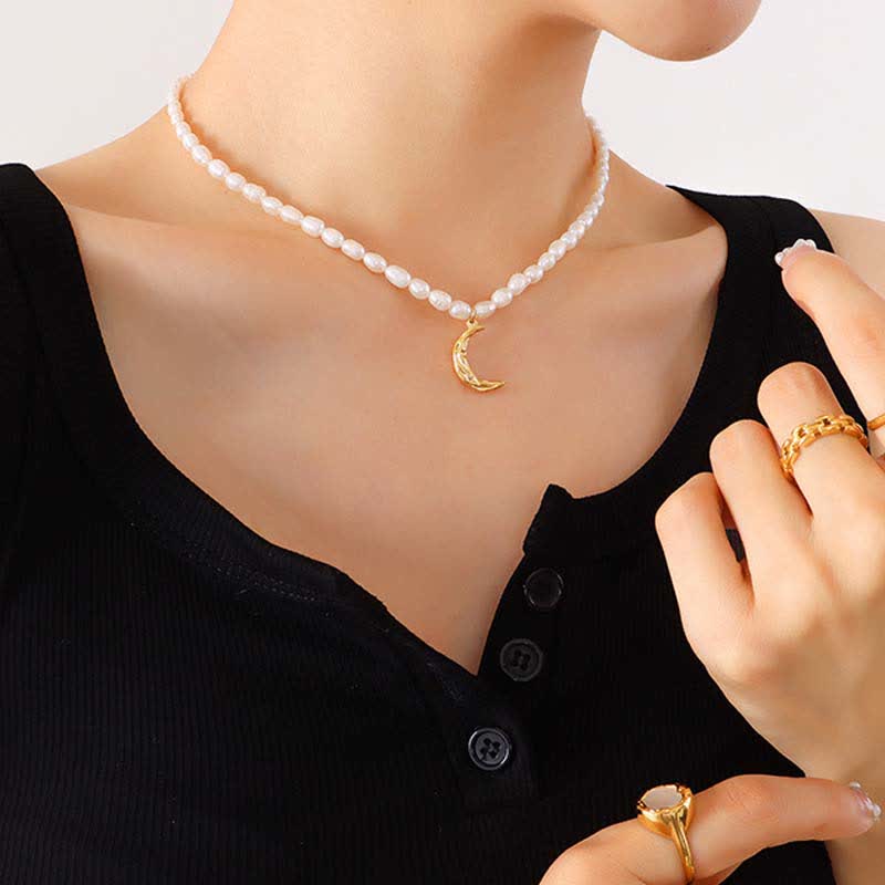 Buddha Stones Pearl Crescent Moon Calm Necklace Pendant